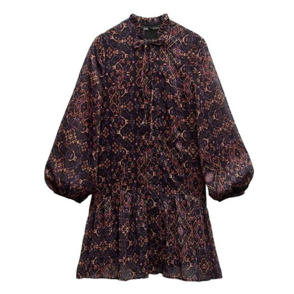 Zara Navy and Pink Patterned Mini Dress - Picture 2 of 14